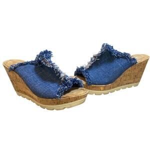 Minnetonka York Wedge Sandals Size 8 Blue Denim Cork Fringe Heels Open Toe Boho